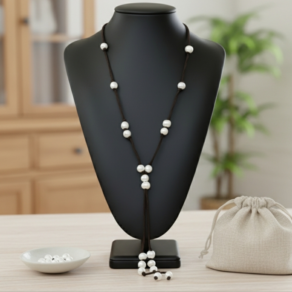 Adjustable Handmade Knotty Suede Baroque Pearl Lariat Necklace